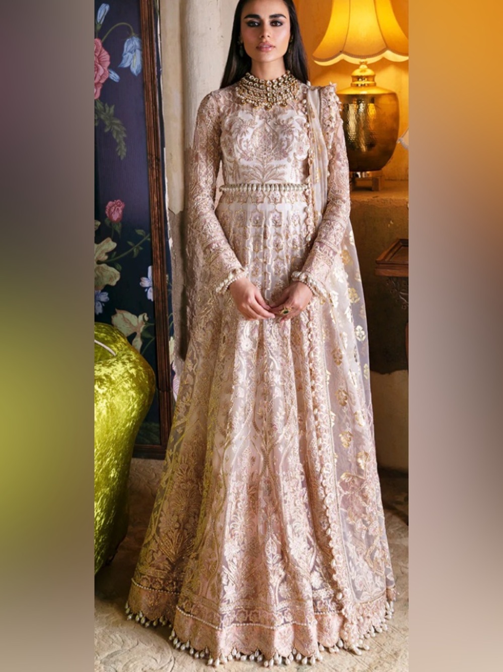 Embroidered Blush Pink & Gold Anarkali Gown long 54 bust 37